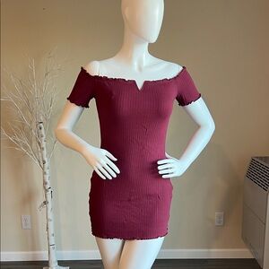 Shein Vbar Off Shoulder Lettuce Edge Dress - Burgundy